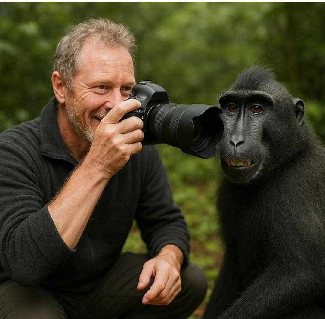 David Slater photographing Naruto the monkey — generated by Bing AI