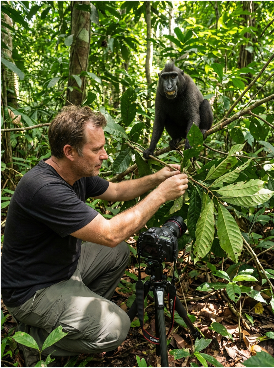 David Slater setting up the scene for Naruto's selfie in the Indonesian jungle — generated by Oreate AI